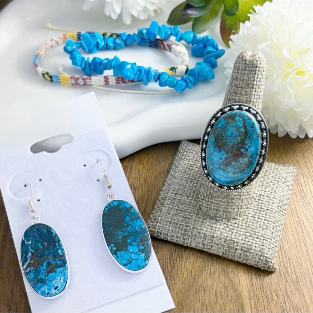 Jewelry Set Lot BIG Turquoise Ring Size 8 Earrings Bracelets Handmade New 925